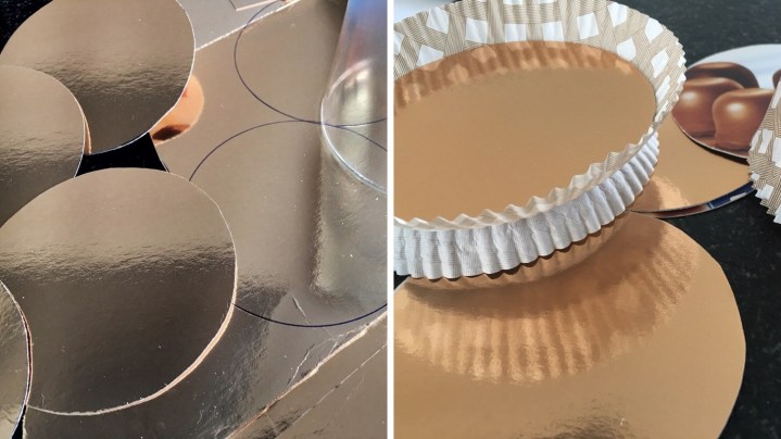 Runde Kreise aus Schokokussverpackungen schneiden und in die Cupcake Rosetten kleben