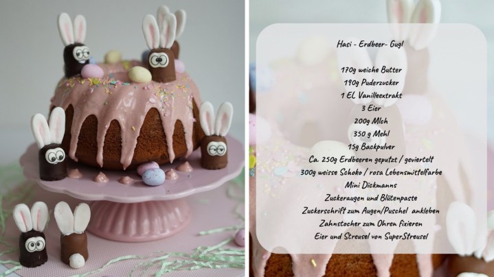 Rezept für den Erdbeer-Guglhupf mit niedlichen Hasen aus Mini Schokoküssen.