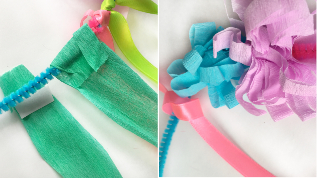 Bunte Bänder und Krepppapierstreifen schmücken den Blumenkranz an den Seiten