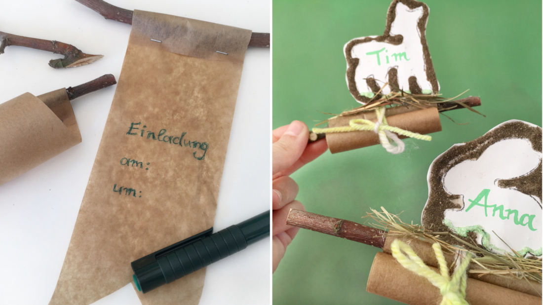 Einladungsflyer aus Backpapier mit dem Einladungstext beschriftet, aufgerollt und dann das Waldtier angeklebt
