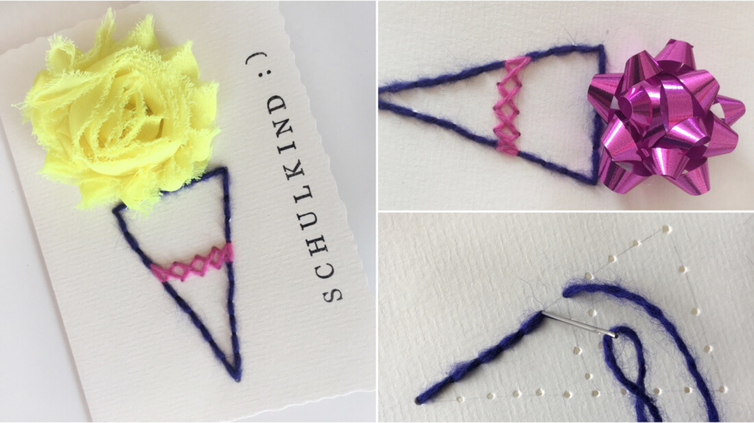 Einladungskarte zur Einschulung mit aufgestickter Schultüte