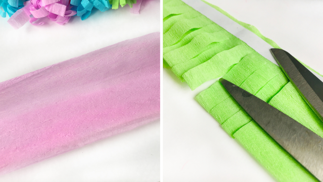 Vorbereitung der Krepppapierstreifen für die Blumenkranz Blüten