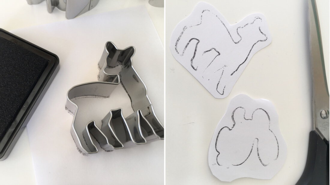 Die Waldtiereausstecher werden mit einem Stempelkissen auf den Tonkarton gestempelt