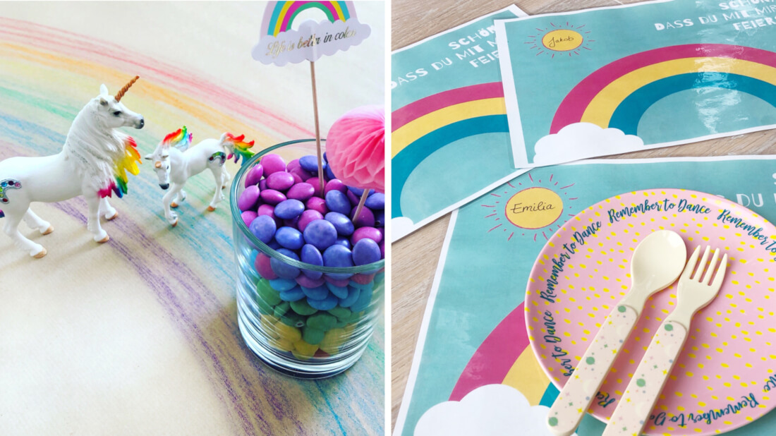 Feen- und Einhornparty Tischdeko mit Regenbögen auf Craftpapier, Smarties schichtweise in Gläsern und einem Regenbogen Tischset zum Ausdrucken