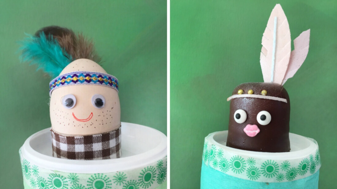 Partyei und Schokokuss im Indianer-Outfit mit Augen und Feder